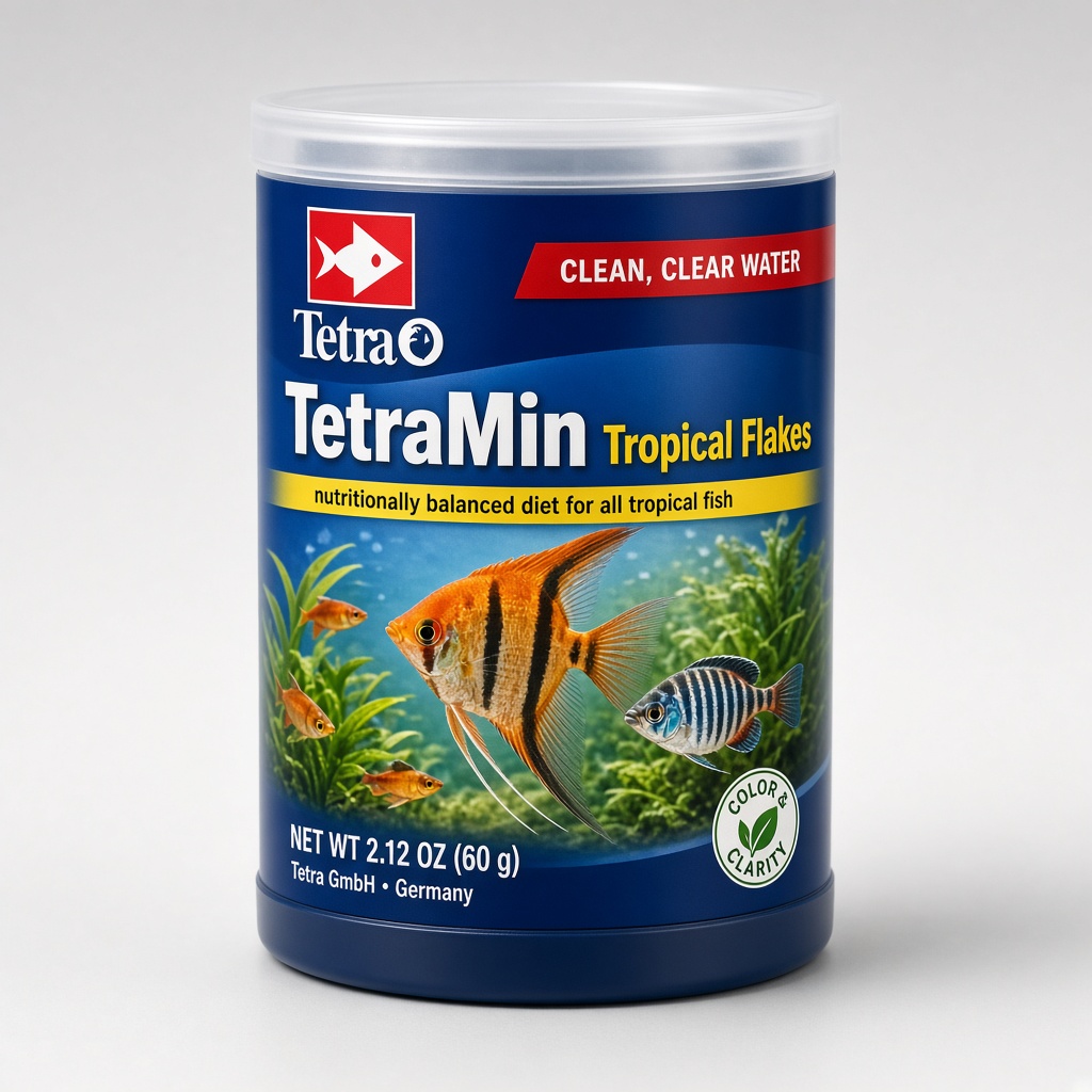 Tropical fish food flakes and pellets